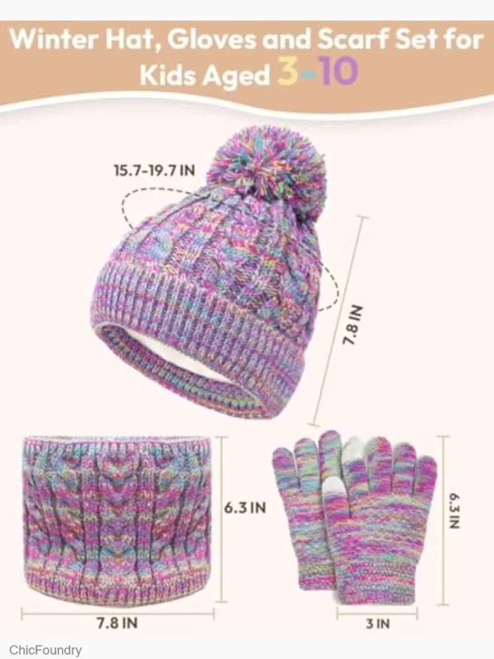 Kids Winter Hat Gloves Scarf Set, Toddler Beanie Knitted Mittens Neck Gaiter